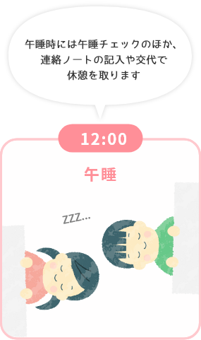 12:00 午睡 午睡時には午睡チェックのほか、連絡ノートの記入や交代で休憩を取ります