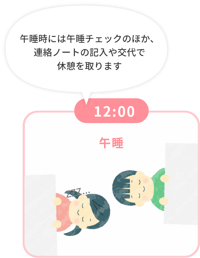 12:00 午睡 午睡時には午睡チェックのほか、連絡ノートの記入や交代で休憩を取ります