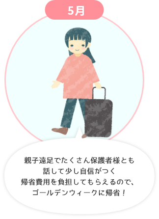 5月 親子遠足でたくさん保護者とも話して少し自信がつく 帰省費用を負担してもらえるので、ゴールデンウィークに帰省！